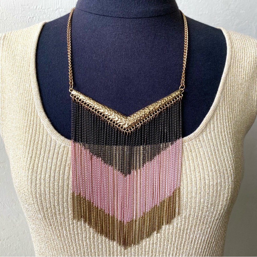 LAST CHANCE SALE!Boho Gold Black Pink Chain Fringe Tassel Statement Necklace